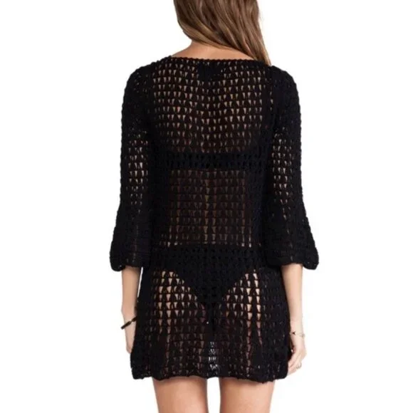 Cleobella Daphne Crochet Swim Coverup Mini Dress Size Small Black Handmade Coverups